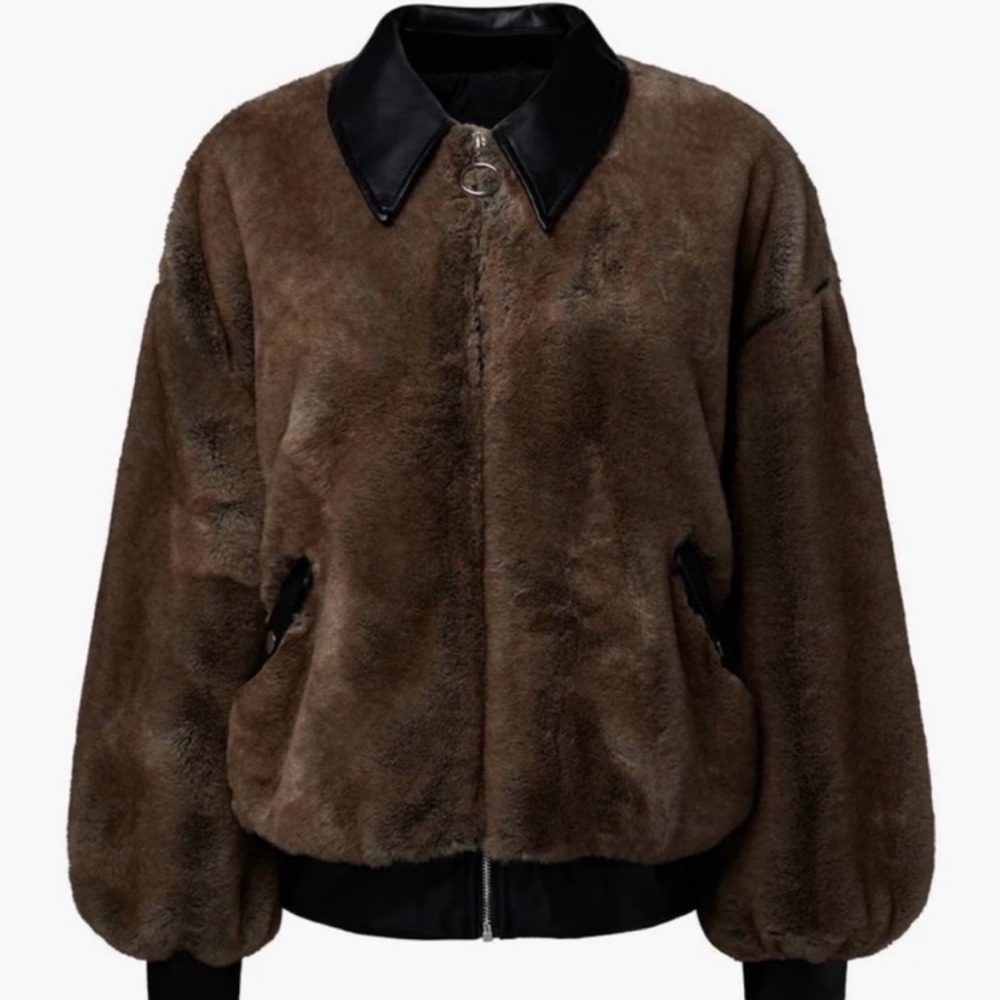 WeWoreWhat Brown Teddy Jacket with Black Collar